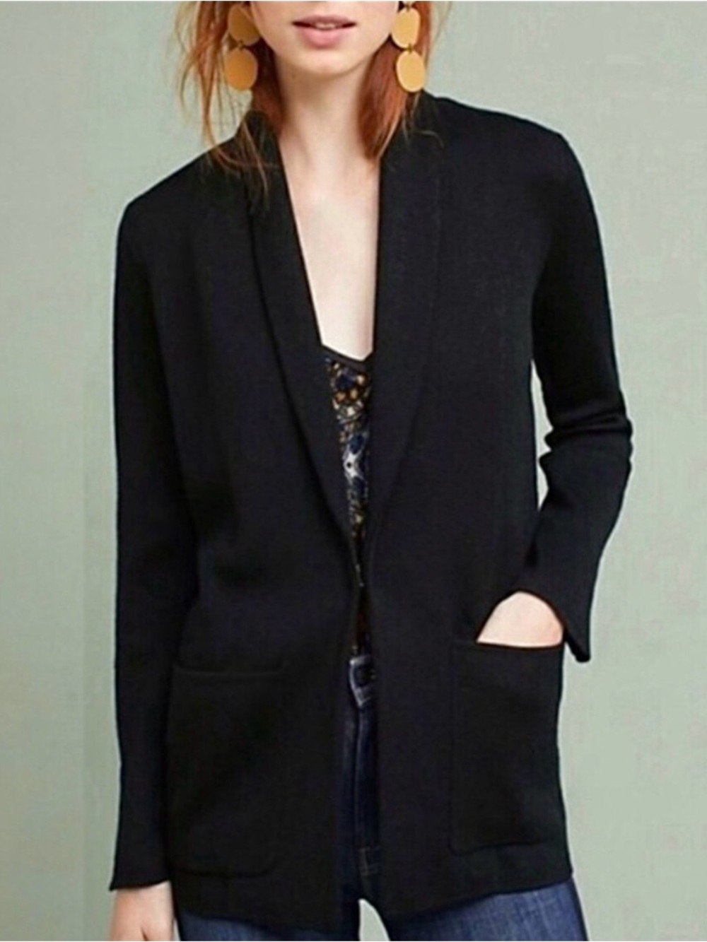 HWR Anthropologie Owen Wool Blend Black Blazer Cardigan, Shawl Collar Size Small